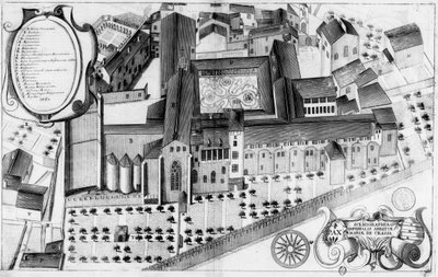17th Century Engraving of the Abbey Sainte-Marie de Lagrasse, France, in the Book Monasticon Gallicanum by Michel Germain